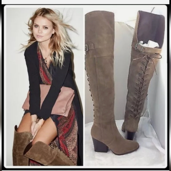 SAM EDELMAN TATUM TAUPE OVER THE KNEE BOOTS WITH TIE UP BACK DETAIL - Picture 2 of 5